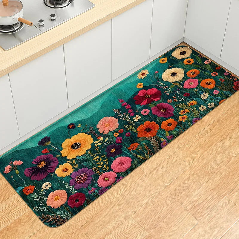 tapis sol antidérapant fleurs colorées moderne vert foncé bleu clair blanc absorbantintérieur chambre cuisine