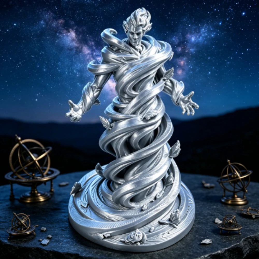 statue spirale vent fantôme noir blanc argenté artisanal main sculpté détails floraux base fantaisie