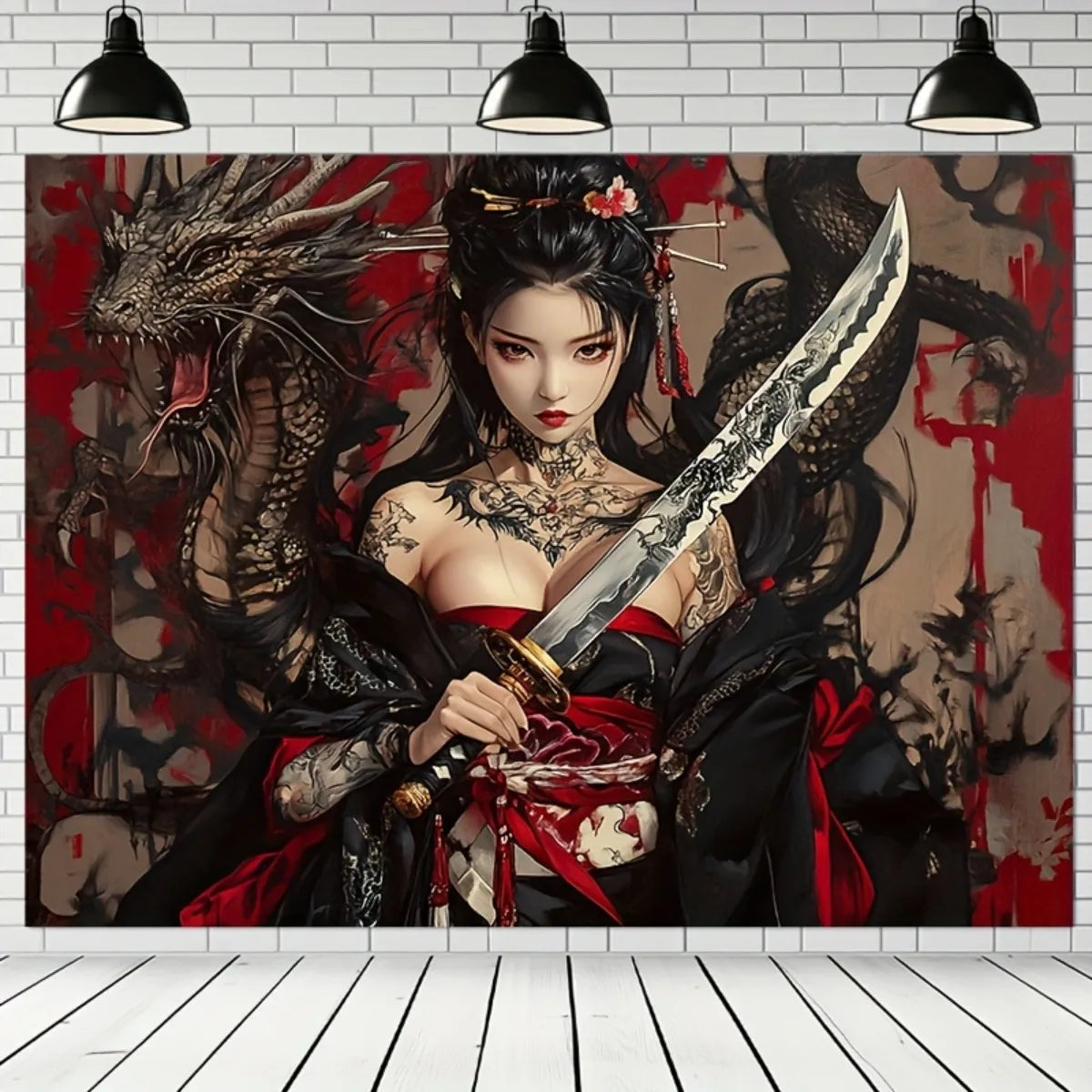 toile d'art manga femme tatouée épée dragons motifs floraux moderne polyester chambre salon decoration