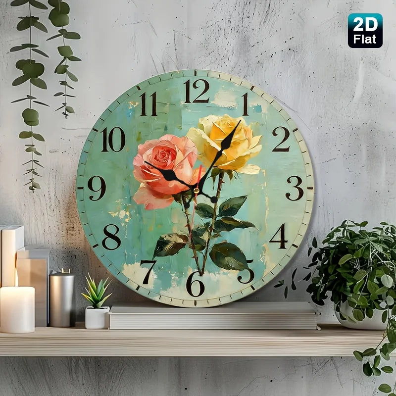 horloge murale bois fleurs roses vintage aiguille circulaire 25cm étude déco maison