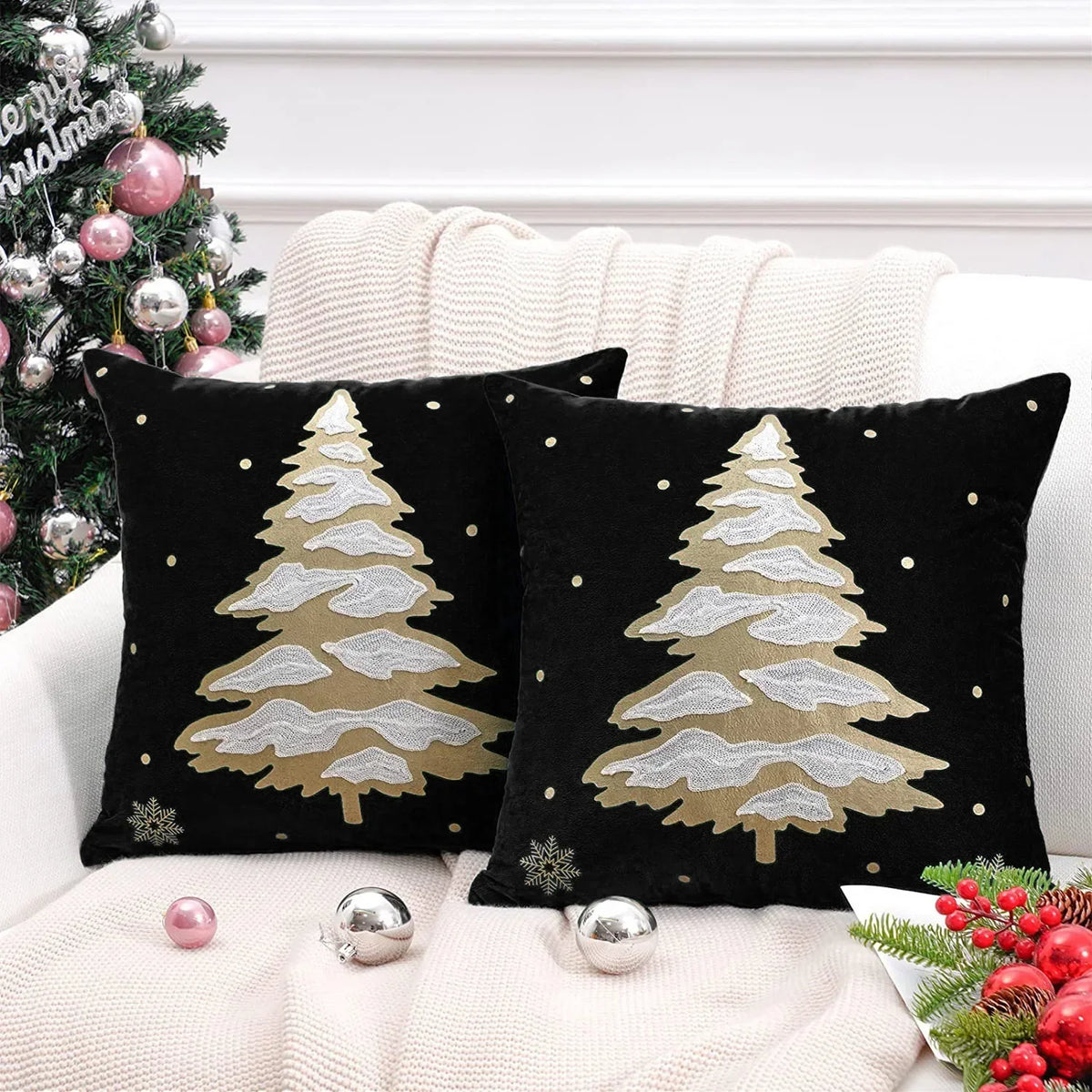 housse coussin velours noël arbre flocons good night rouge vert decoration carré tufted polyester