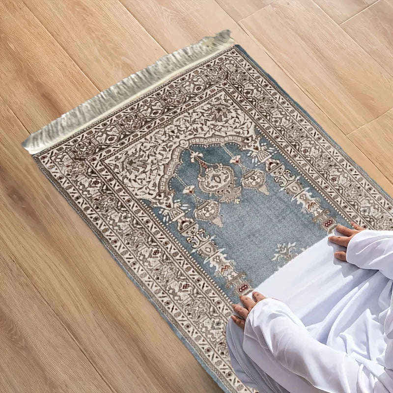 tapis prière islamique traditionnel bleu clair motifs floraux polyester lavable machine voyage usage intérieur