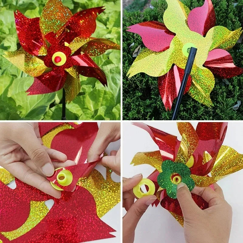 décoration jardin moulin vent rouge jaune vert pailleté moderne effarer oiseaux