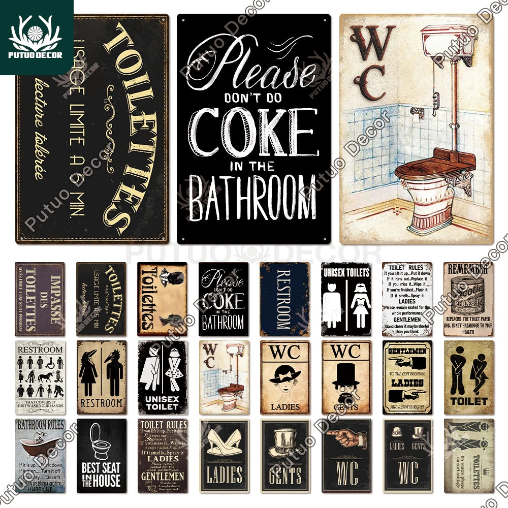 Panneau mural toilette vintage humoristique en métal bleu