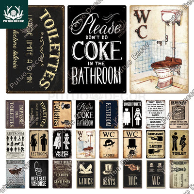 Panneau mural toilette vintage humoristique en métal bleu