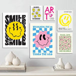 affiche pop art smiley géométrique moderne sans cadre couleur jaune rose bleu verte chambre