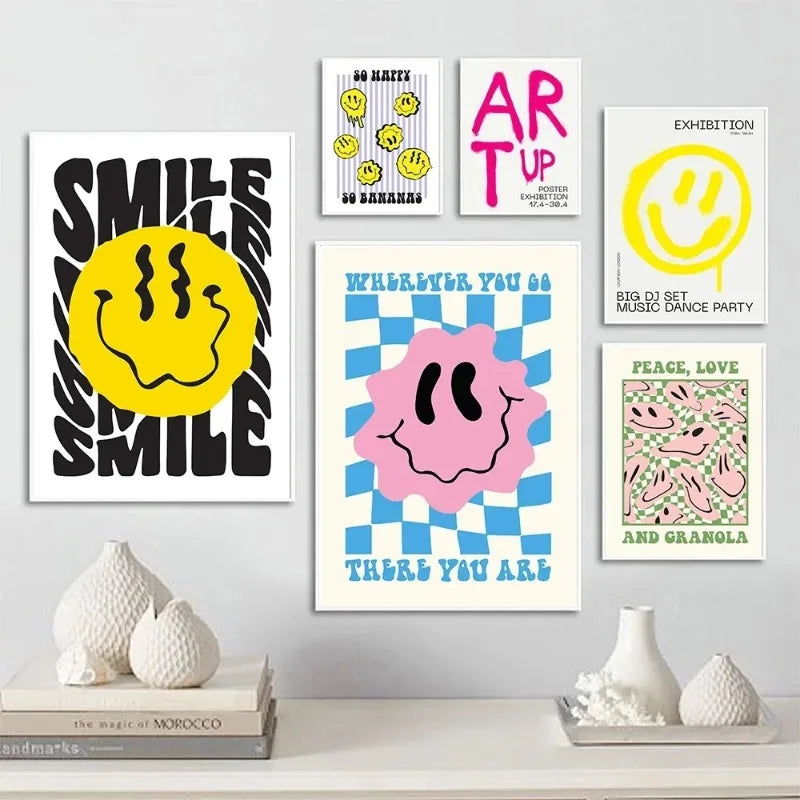 affiche pop art smiley géométrique moderne sans cadre couleur jaune rose bleu verte chambre
