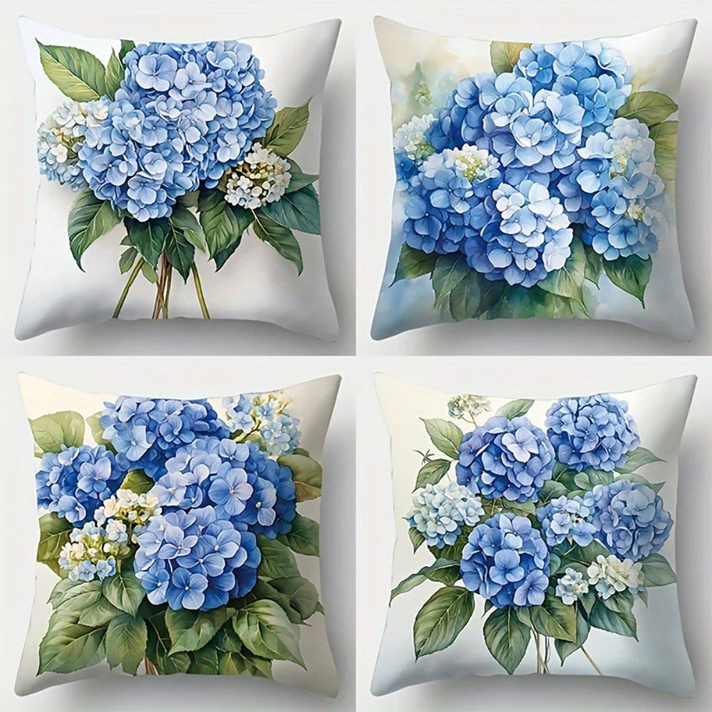 housse coussin fleurs hydrangeas bleu blanc vert classique 45x45cm zipper cache