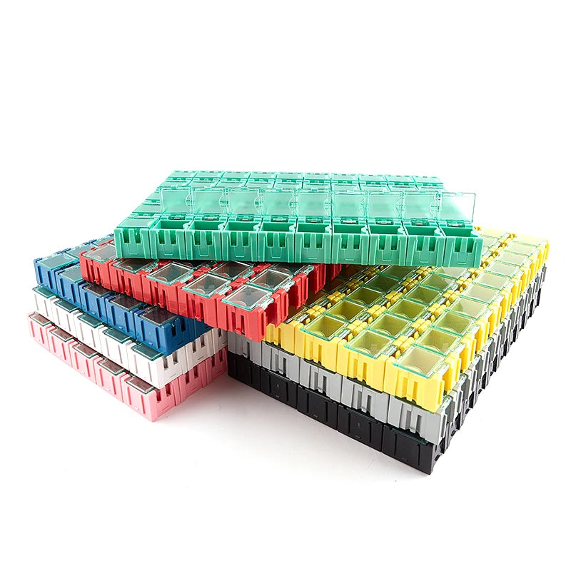 boîtes rangement électroniques transparentes vert rouge bleu jaune noir pratiques clips compactes