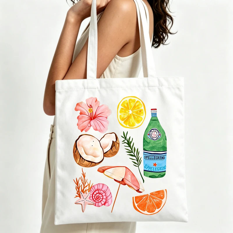sac main toile blanc imprimé fruits cartoonesque moderne casual poignées tissu