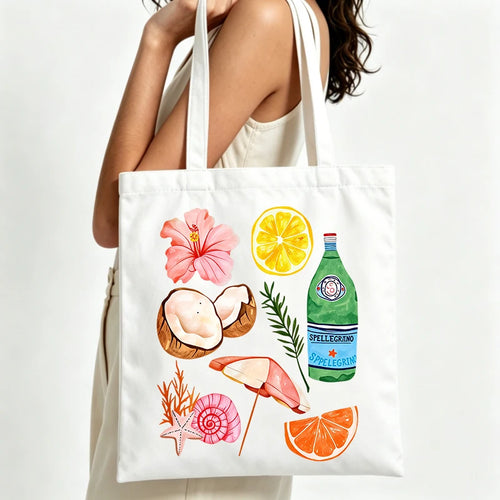 sac main toile blanc imprimé fruits cartoonesque moderne casual poignées tissu