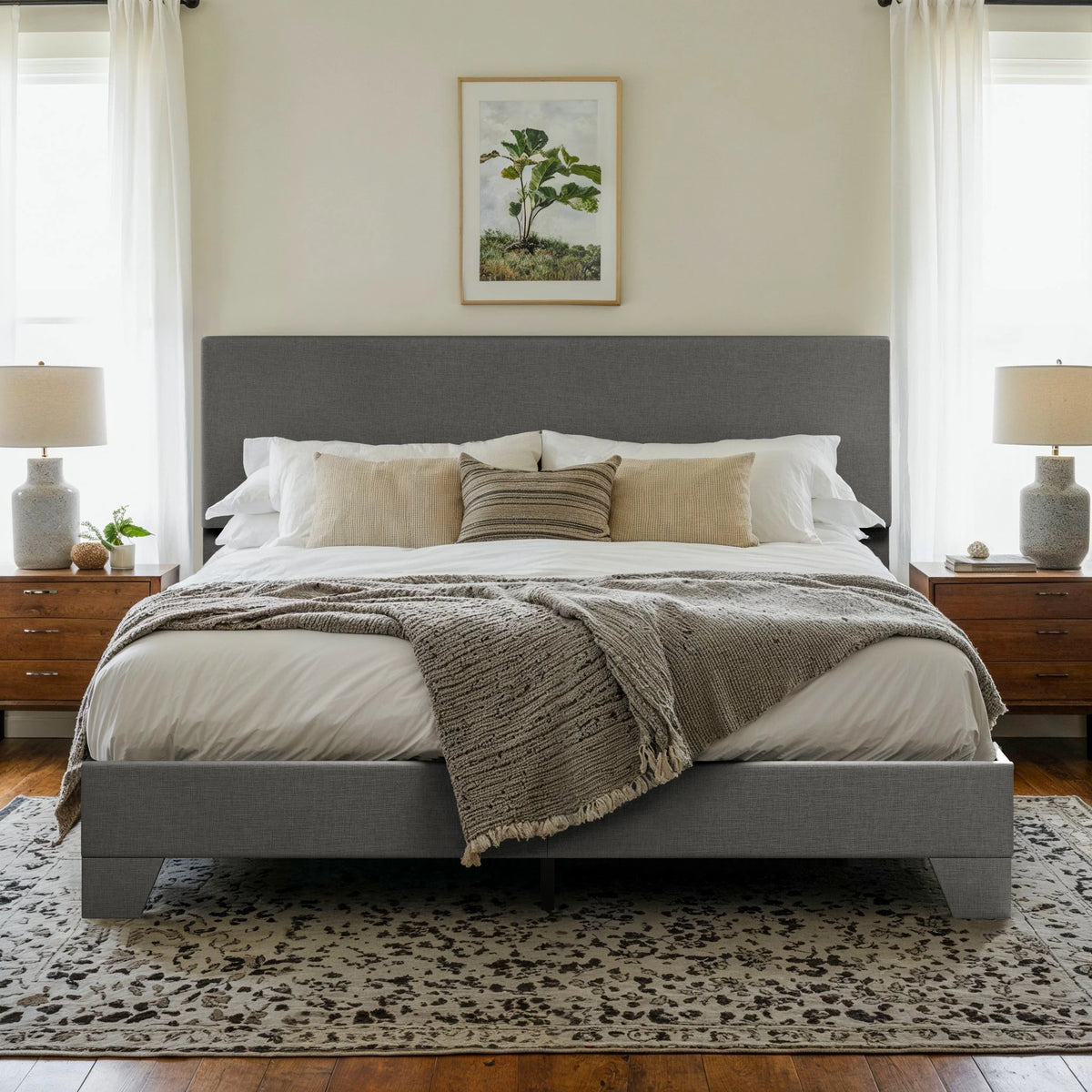 lit gris moderne tissu uni cadre assemblage matelas recommandé boîte springs adjustable headboard