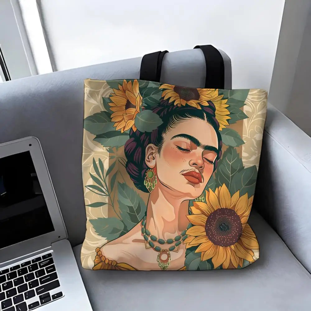 sac main toile blanc motif floral moderne poignées noires fleurs femme réutilisable grande capacité