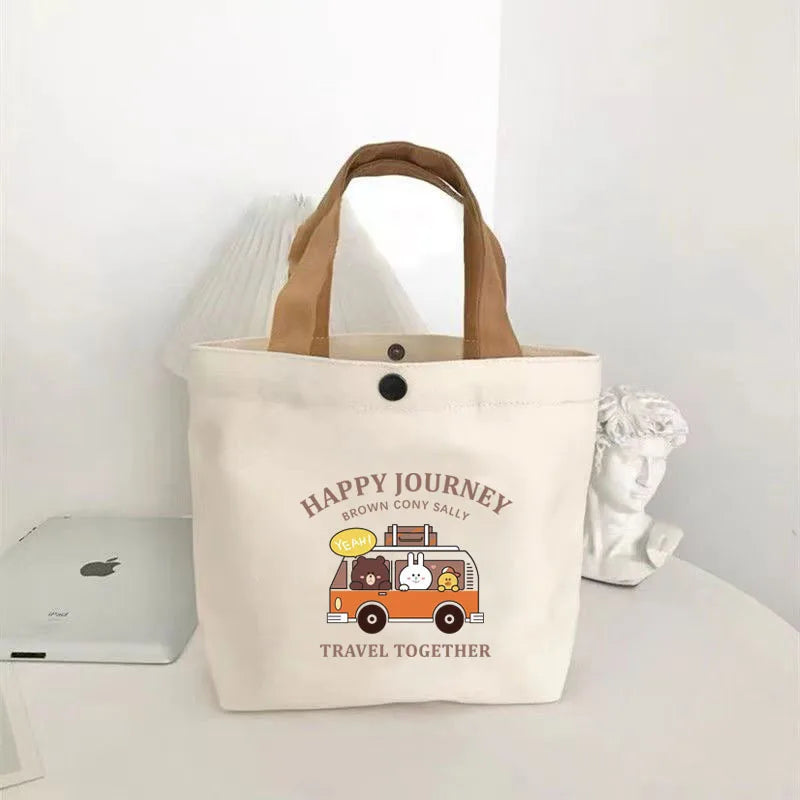 sac main toile imprimé ours blanc marron moderne poignées cuir portable étudiante