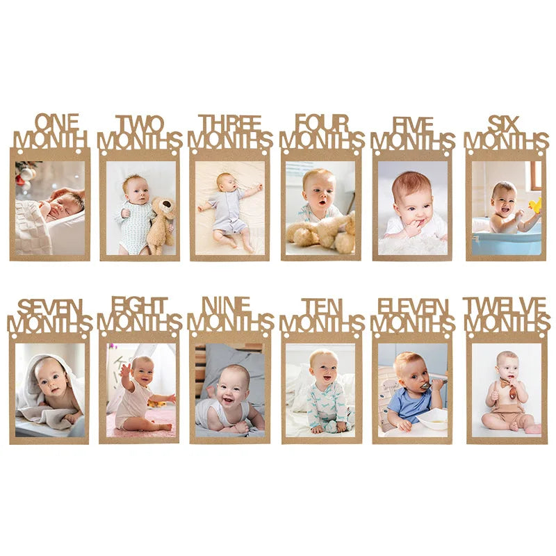 cadre photo mural bois naturel minimaliste clips texte anniversaire one month two months deco