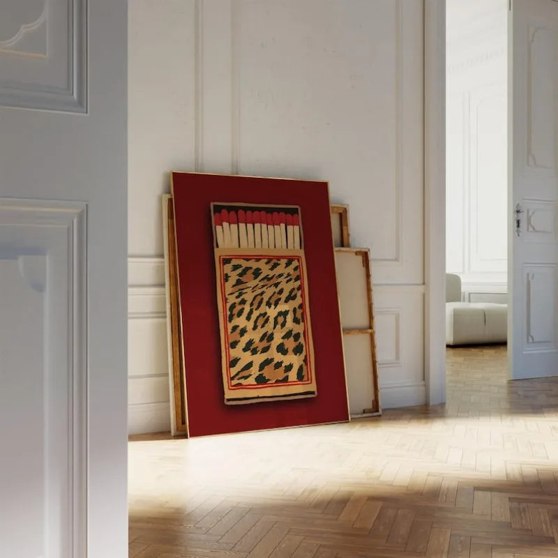 affiche décoration boîte allumettes rétro léopard moderne sans cadre rouge beige noir
