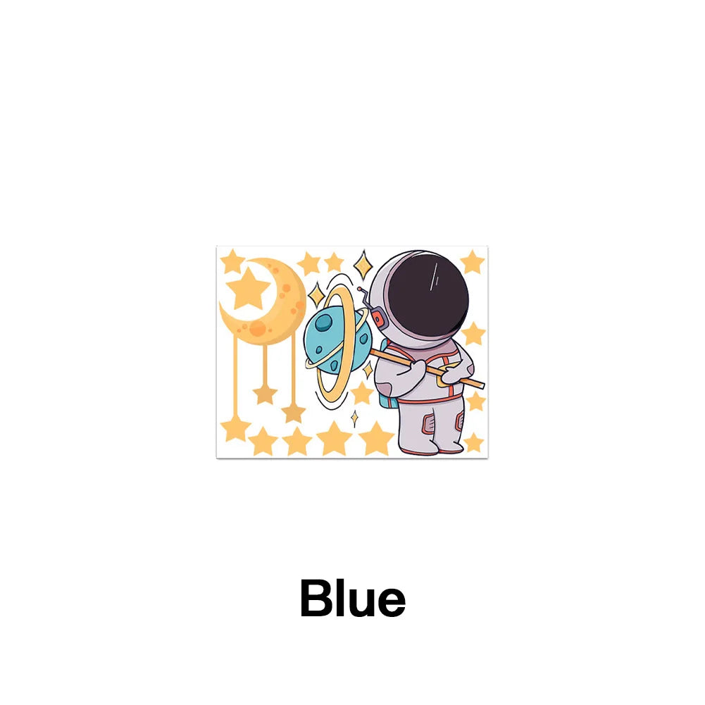 sticker mural lumineux astronaute lune étoiles planète cartoon adhésif chambre enfant bleu blanc vert