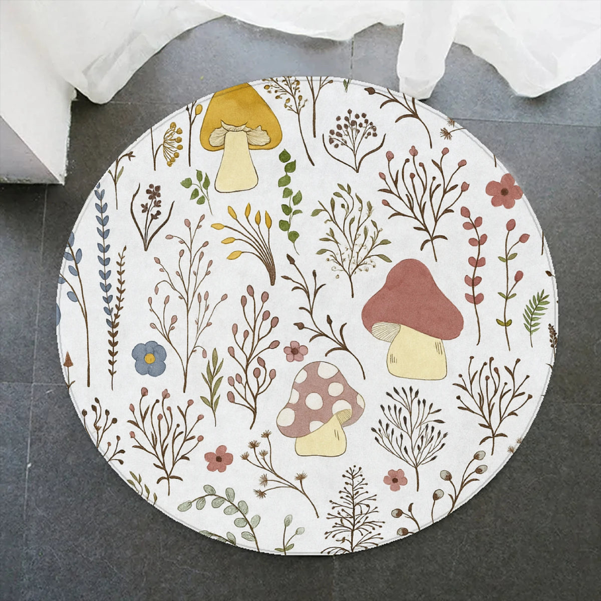 tapis rond champignons feuilles blanc vert orange rouge marron beige antidérapant intérieur extérieur