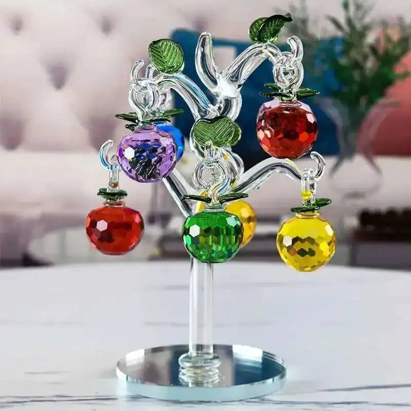 décoration arbre fruits pommes raisins feuilles verre transparent base métal argente