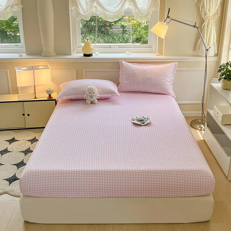 housse lit carreaux bleu clair rose marron jaune polyester 300fil 30tissus moderne adultes