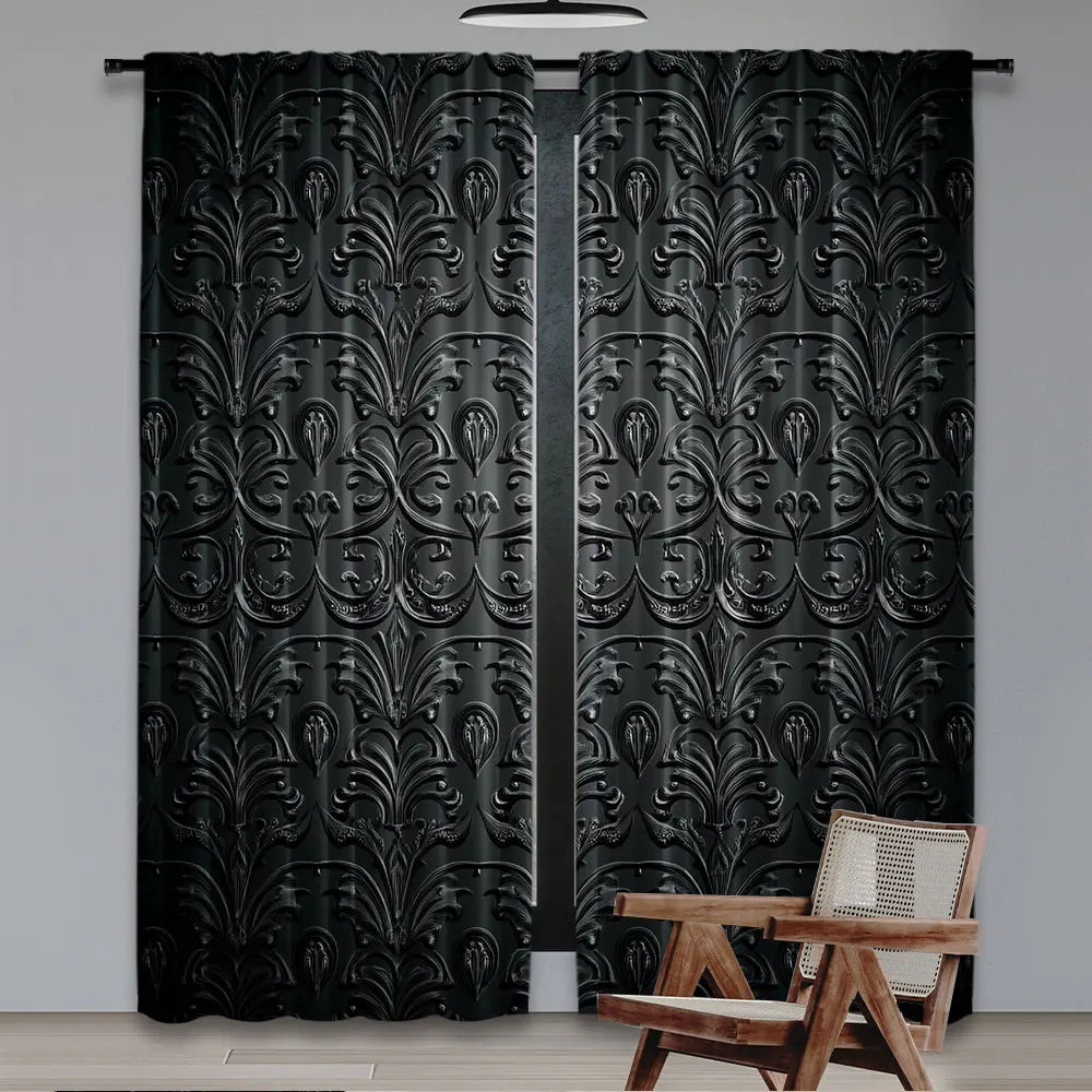 rideau deux pièces polyester motifs floraux relief noir élégants tringle rideau dimensions variées