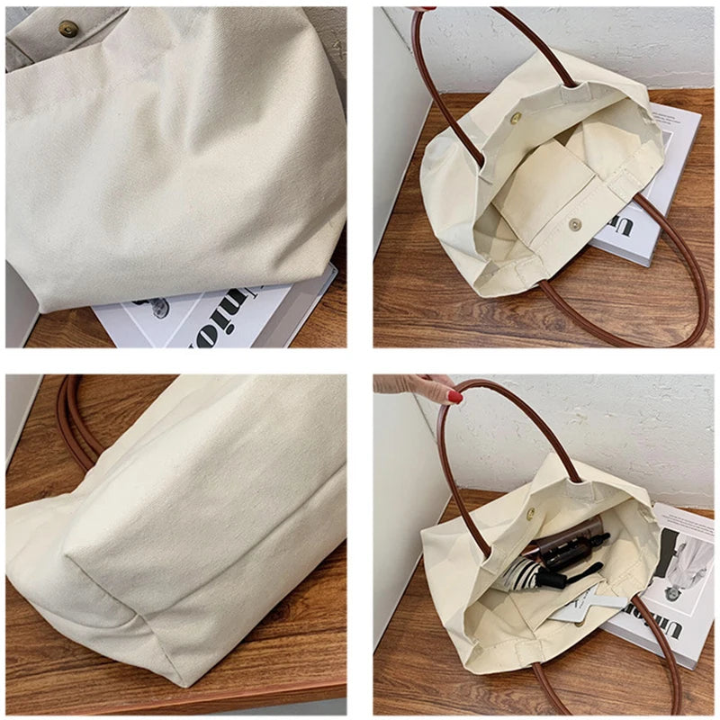 sac main toile crème noir uni décontracté poignées cuir grande capacité portable quà personnalisé