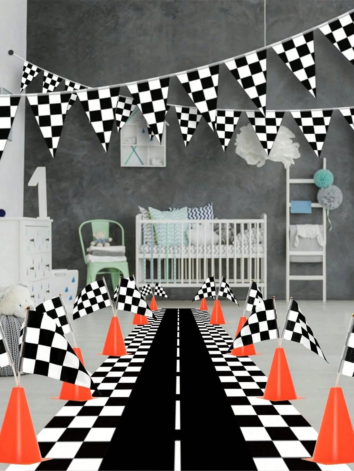 nappe table course automobile motif carreaux noir blanc décoration salon salle manger