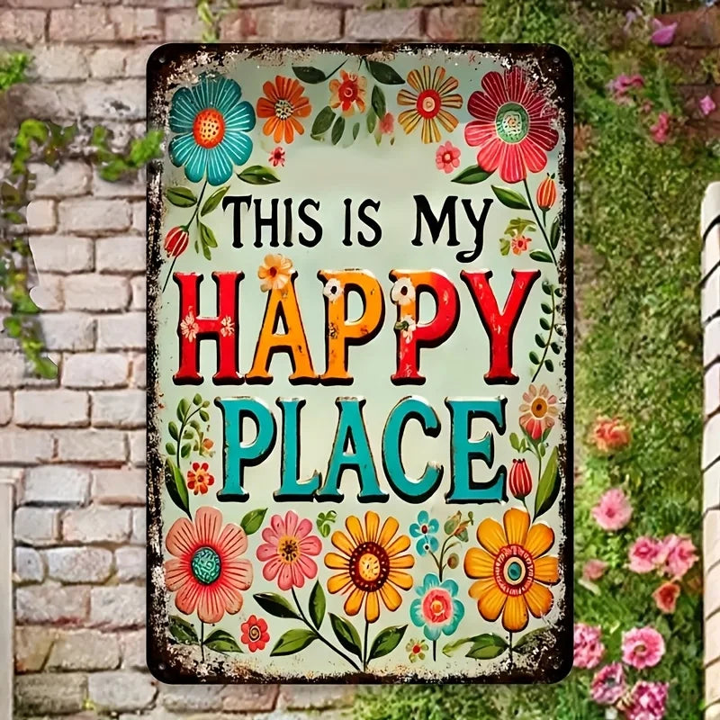 plaque décorative moderne texte happy place aluminium brossé gris suspension 15x20cm 20x30cm 30x40cm