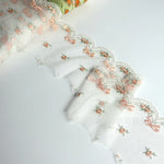 tissu polyester dentelle broderie fleurs rubans bordure élégant blanc orange vertclair 11cm 3mètres translucent