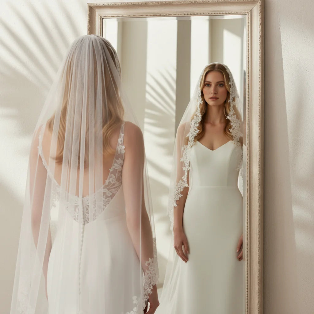 voile mariée blanc broderie florale classique bordure dentelle transparent femme
