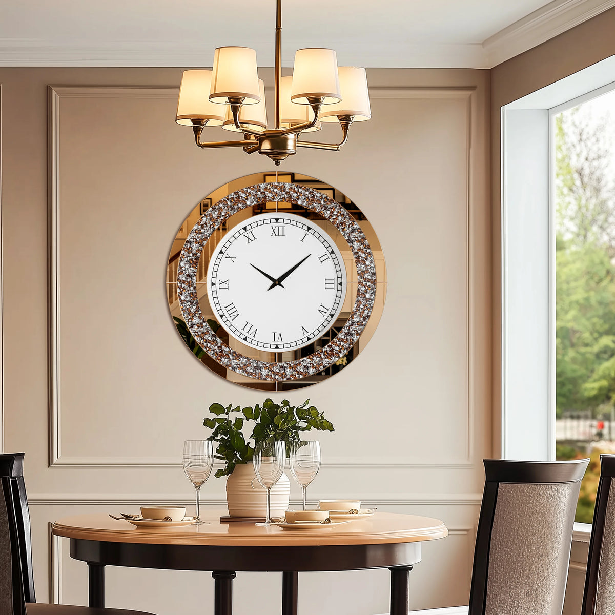 horloge murale moderne or strass 80cm quartz aiguille miroir salon