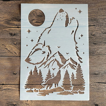 pochoirs stencil loup montagne étoiles géométrique artisanal blanc peinture murale bricolage scrapbooking