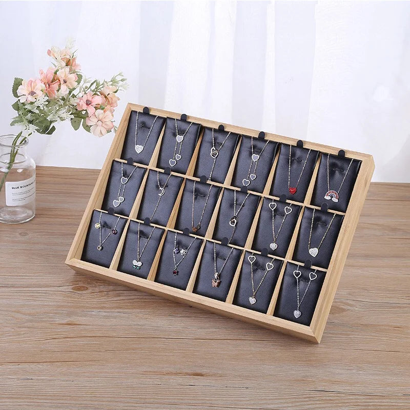 support bijoux bois velours clips boîte présentation breloques moderne 18 cases 24.5cm 35.4cm