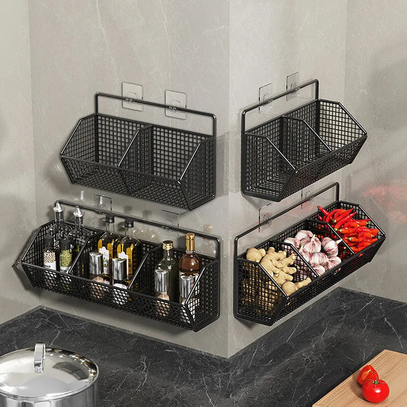 rangements muraux clips adhésifs paniers noir maille moderne cuisine condiments ustensiles ménagers