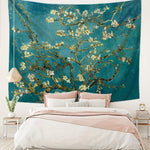 tapisserie impressionniste fleurs blanches fond bleu salon chambre décoration murale polyester lavable machine