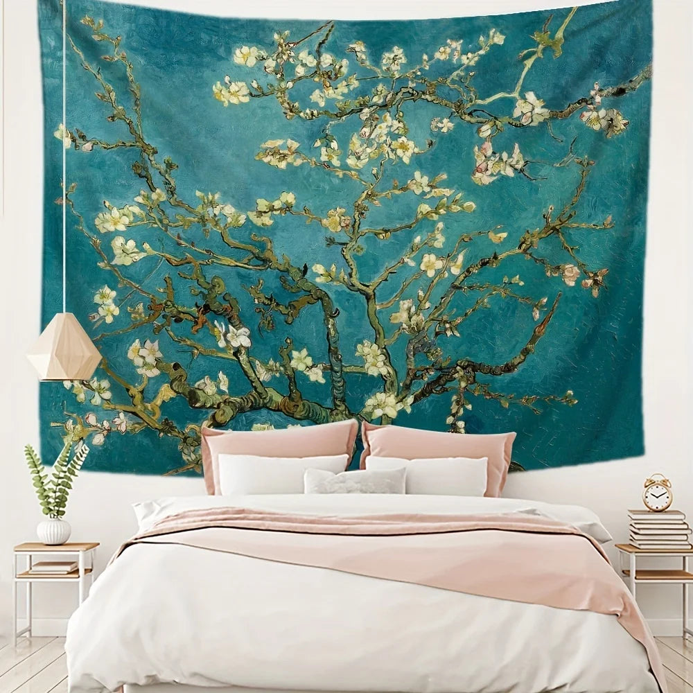 tapisserie impressionniste fleurs blanches fond bleu salon chambre décoration murale polyester lavable machine