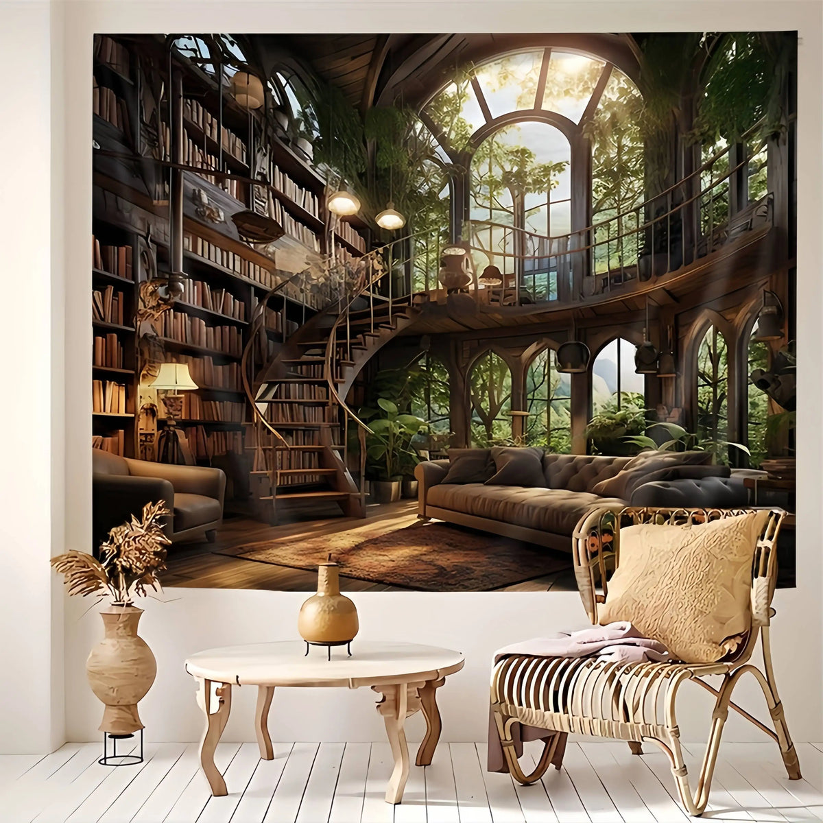 tapisserie vintage multicolore paysage intérieur bibliothèque canapé plante 230x180cm polyester opaque chambre salon decoration