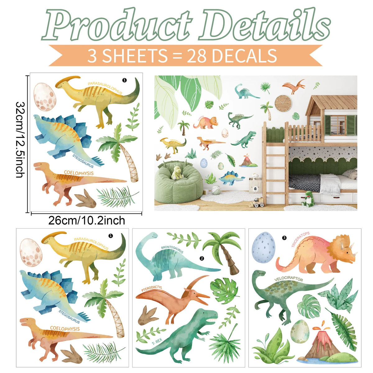 Stickers muraux animaux dinosaures feuilles palmiers motifs géométriques adhésifs decoration chambre enfants salon bébé