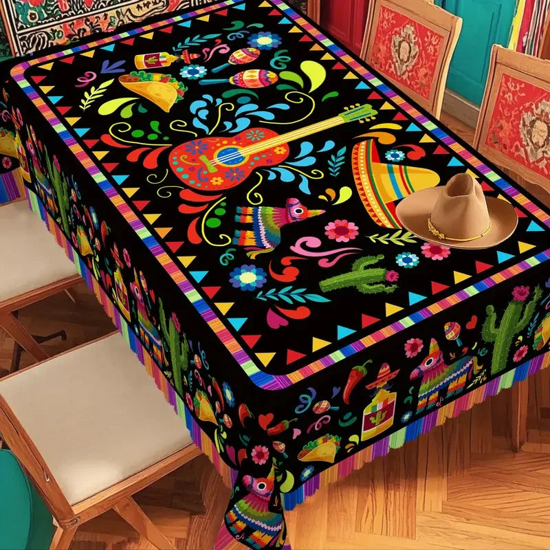 nappe mexicaine folklorique multicolore motif traditionnel cactus fleurs sombrero guitarrette table festive jours morts