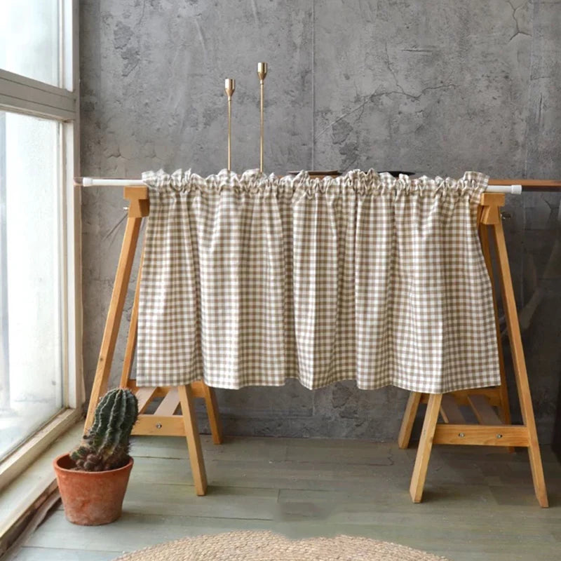 rideau gingham beige blanc champêtre fixé cuisine opacité moyenne dimension 140cm