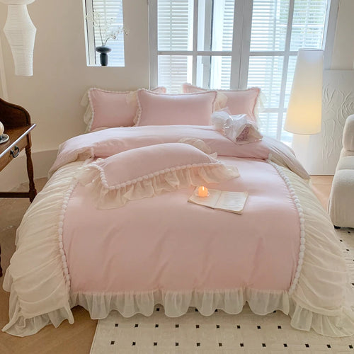 ensemble literie coton housse couette dentelle romantique vintage quatre pièces rose