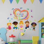 sticker mural cartoon multicolore personnages souriants main coeur arc ciel adhésif chambre salon