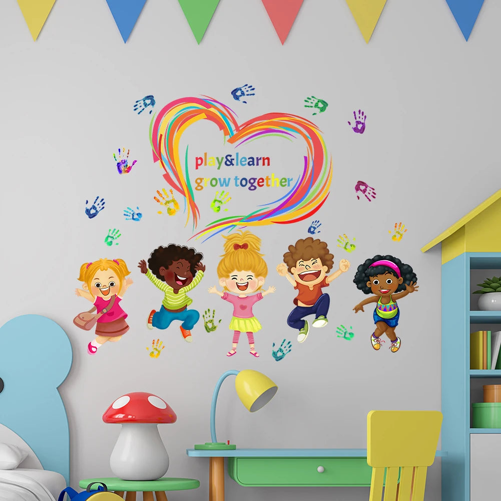 sticker mural cartoon multicolore personnages souriants main coeur arc ciel adhésif chambre salon