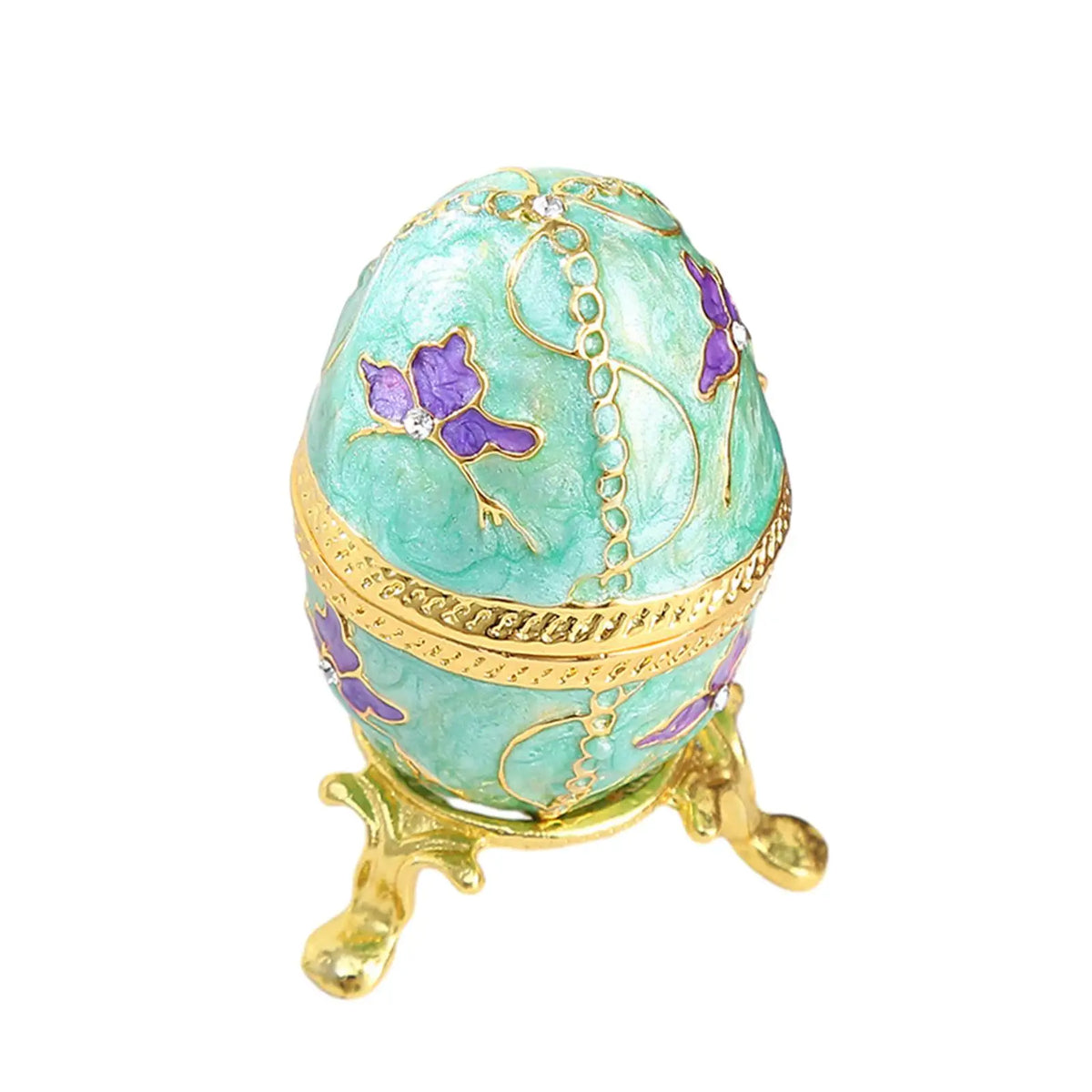 boîte bijoux forme œuf vert clair motifs floraux art déco vintage pieds dorés trinket