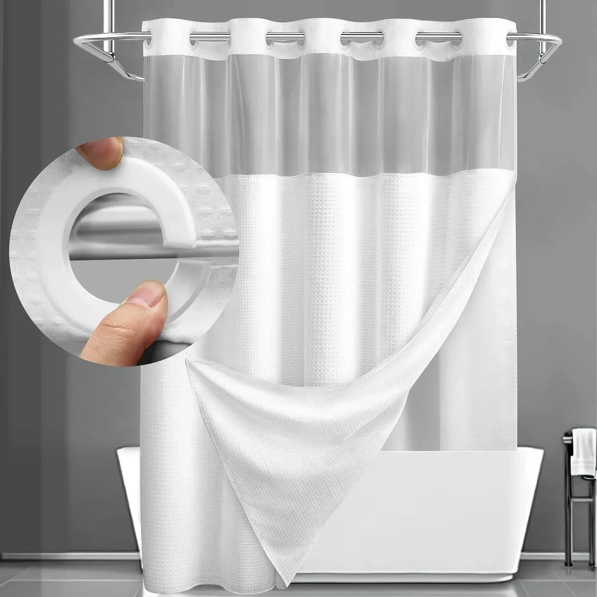 rideau douche moderne blanc translucide polyester 183x190cm anneau intégré