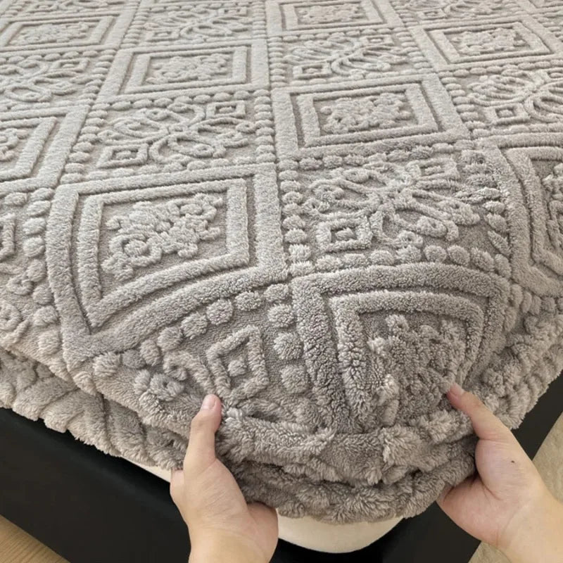 housse matelas jacquard motif géométrique gris clair élégante polyester élastique antidérapante adultes lit