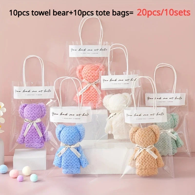 serviettes ours peluche tissu texturé sacs transparents couleurs variées cadeau mariage anniversaire 10 ensembles
