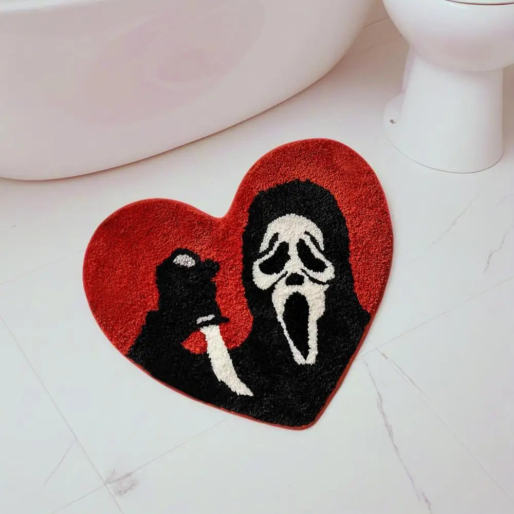 tapis porte salle bain rouge noir blanc crâne halloween texture épaisse moderne graphique