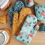 poignées plat gants cuisine antiderapants fleurs bleu vert jaune décoratifs four cuisine festive