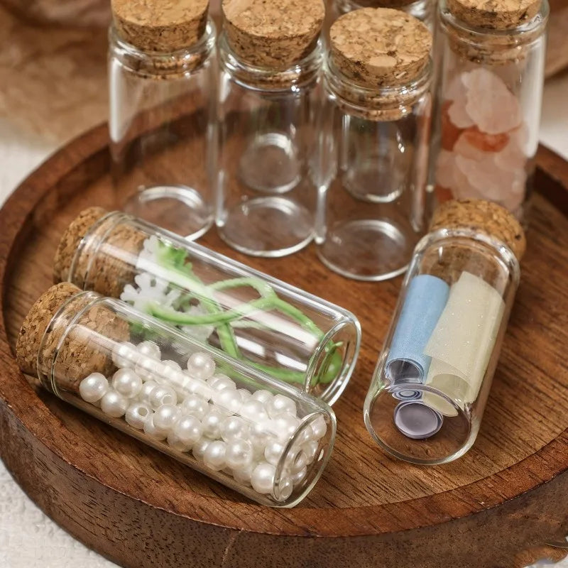 bouteilles verre transparentes bouchons liège cristaux pinceaux rubans fleurs séchées animaux plastique
